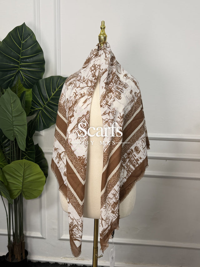 Brown Toile Cityscape Scarf, 130cm