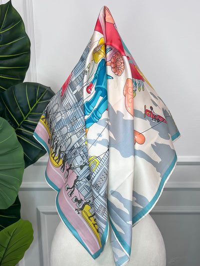Blue Scenic Print Silk Scarf
