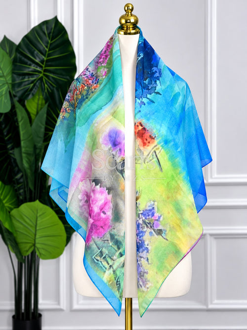 Aqua Watercolour Bloom Scarf, 130cm — Scarfs by MZS