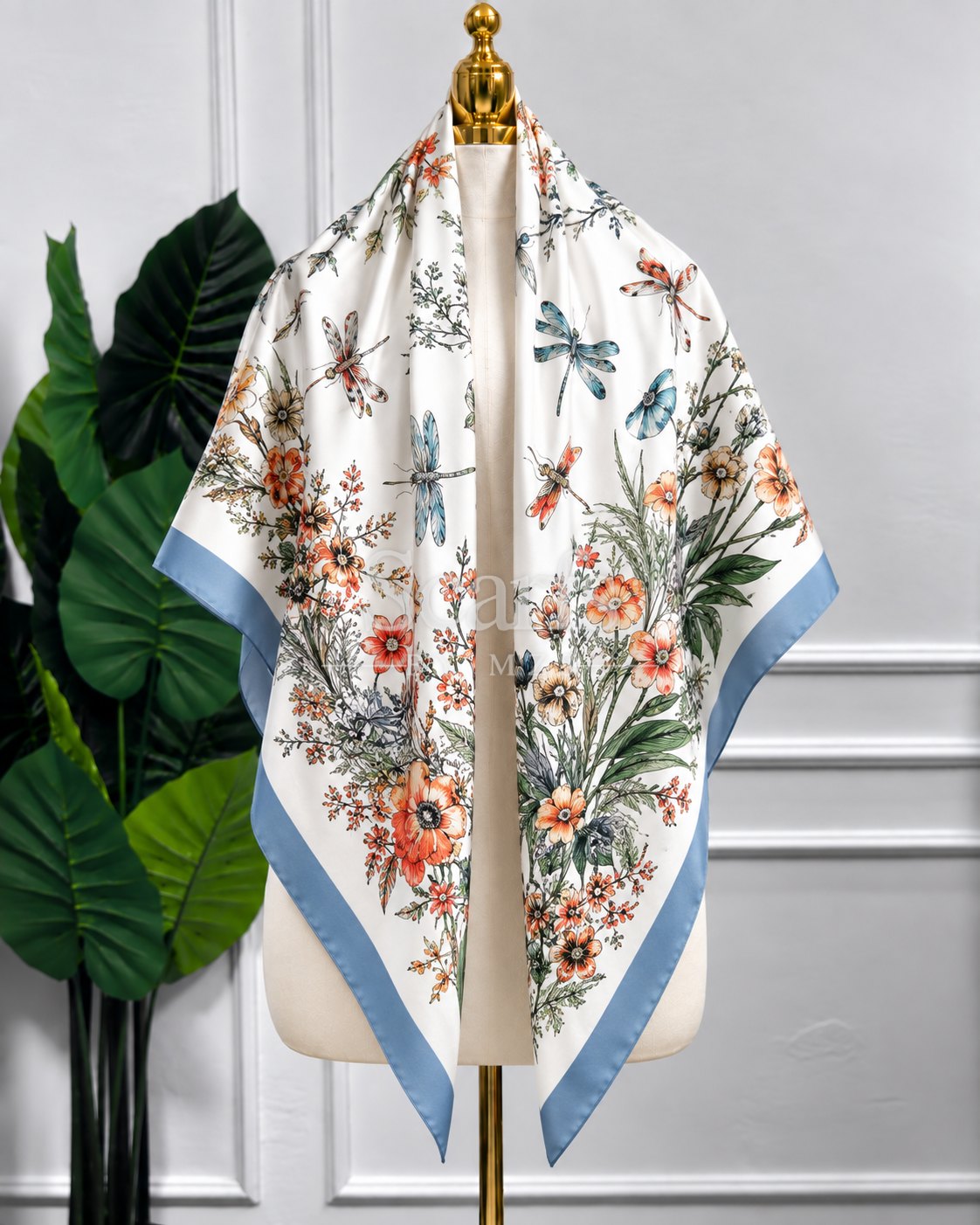 Blue Wildflower Dragonfly Scarf, 130cm — Scarfs by MZS