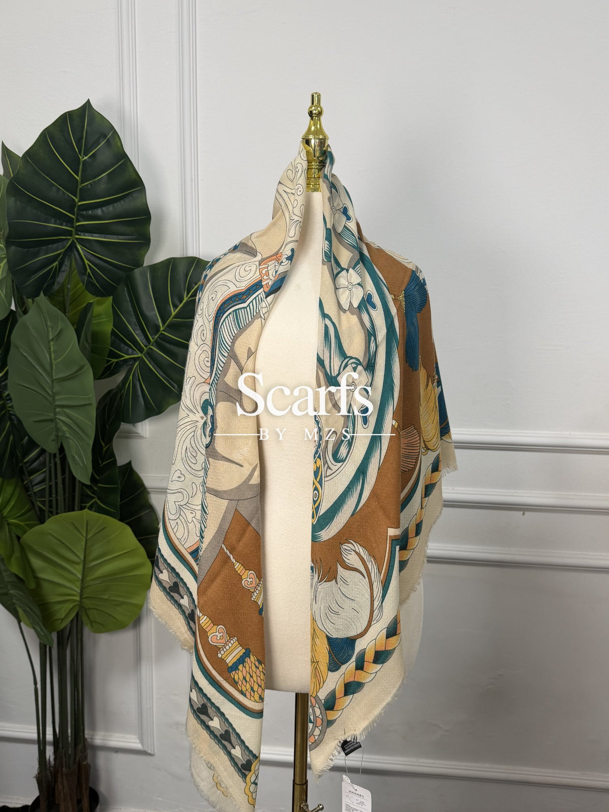 Brown Equestrian Floral Scarf, 130cm — Scarfs by MZS