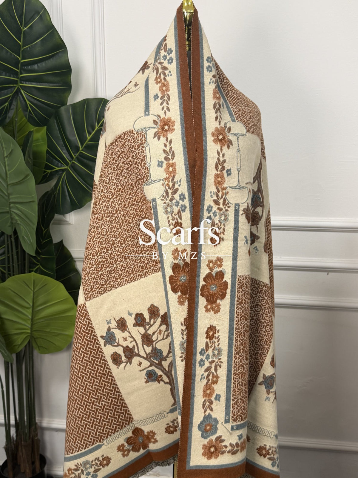 Brown Floral Vine Cashmere Wrap — Scarfs by MZS