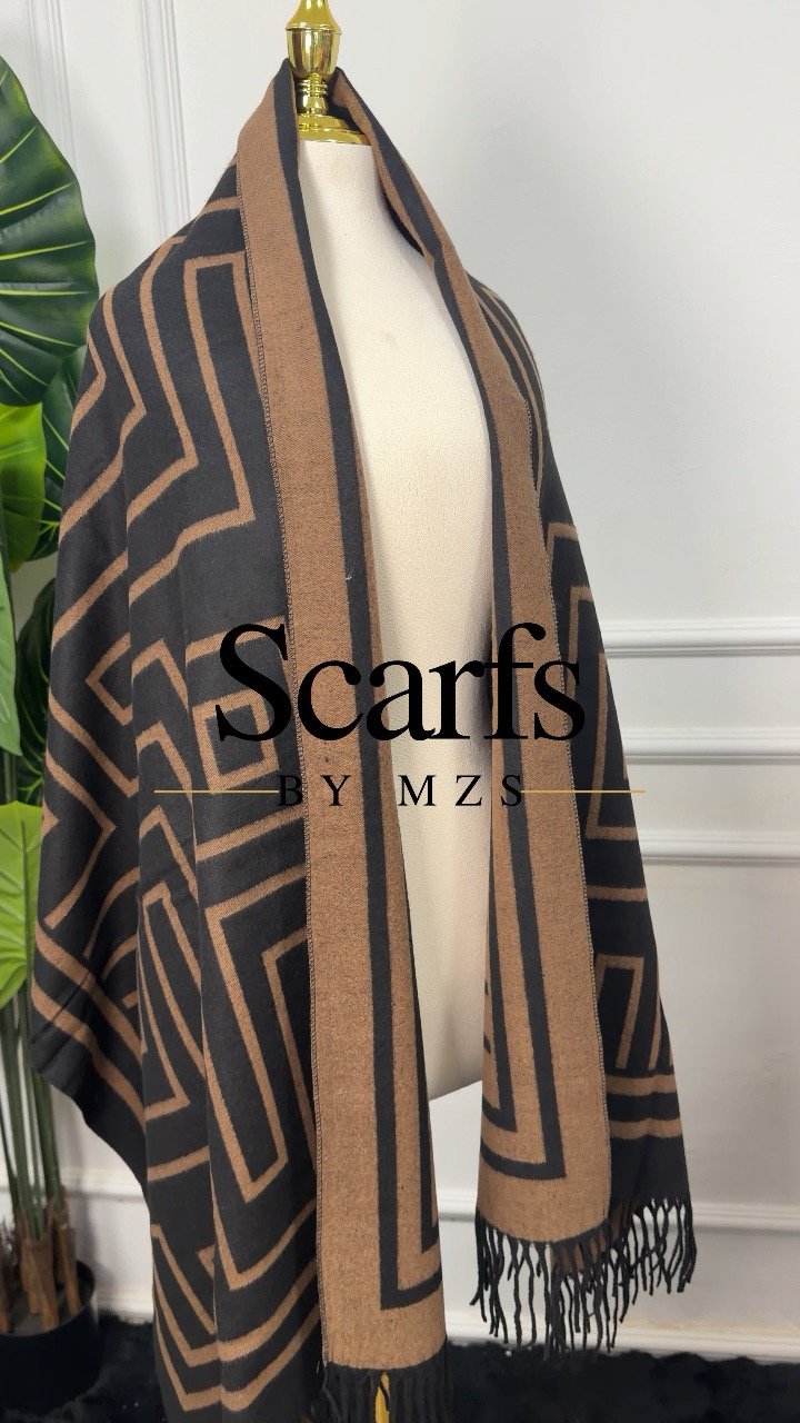 Camel & Black Geometric Cashmere Wrap — Scarfs by MZS