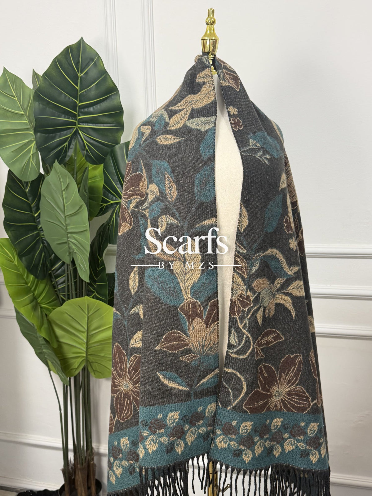 Charcoal Botanical Leaf Cashmere Wrap — Scarfs by MZS