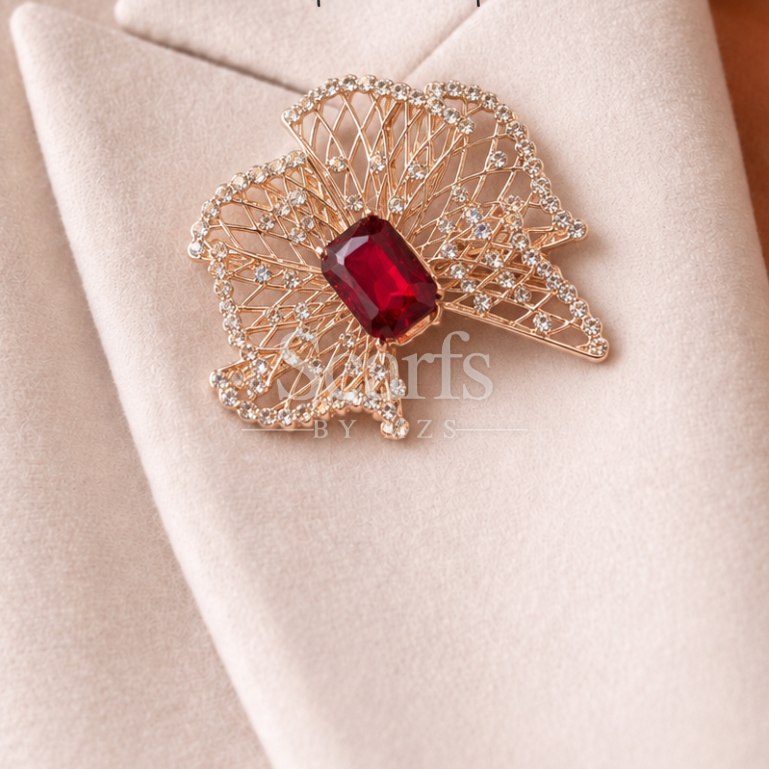 Gold Fan Ruby Crystal Brooch — Scarfs by MZS