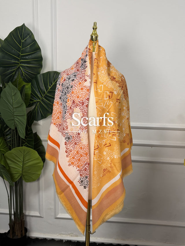 Golden Floral Mosaic Scarf, 130cm