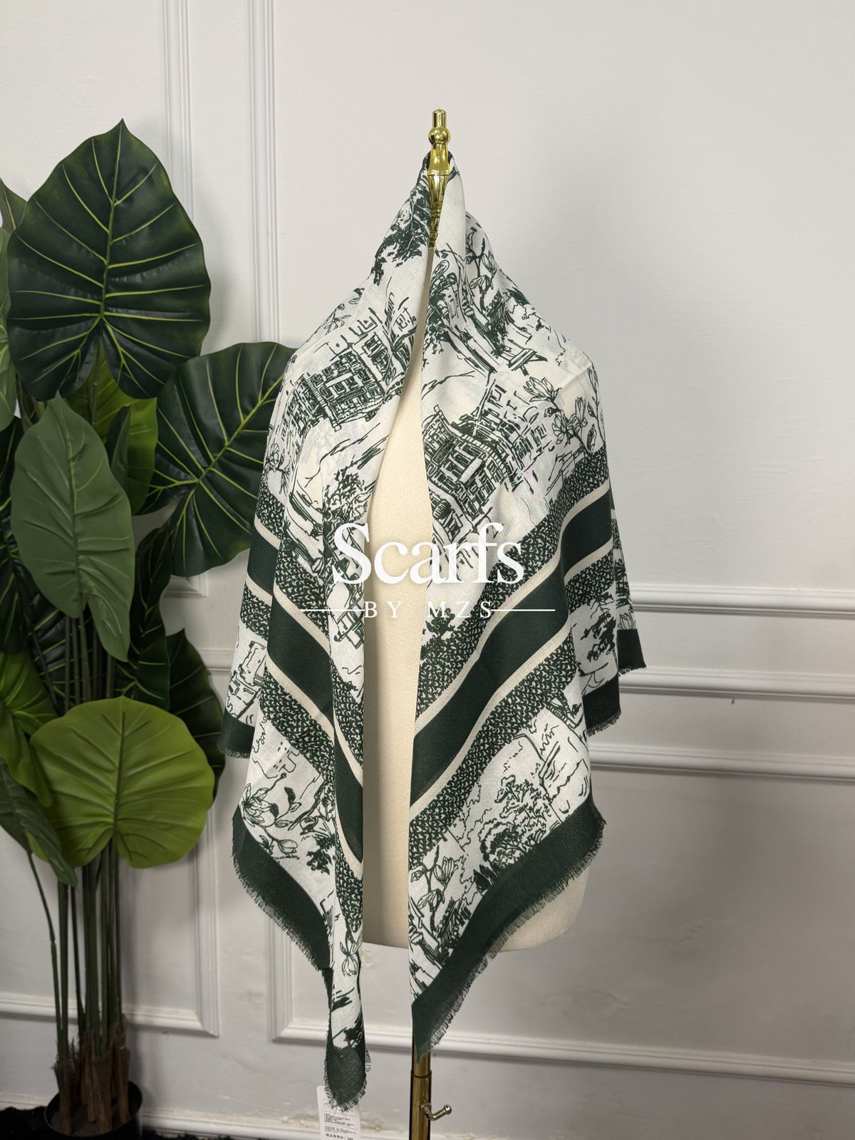 Green Toile Cityscape Scarf, 130cm — Scarfs by MZS