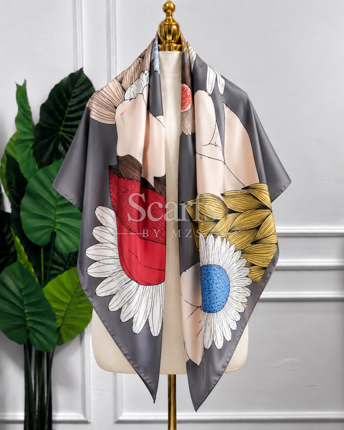 Grey Abstract Floral Scarf, 130cm — Scarfs by MZS