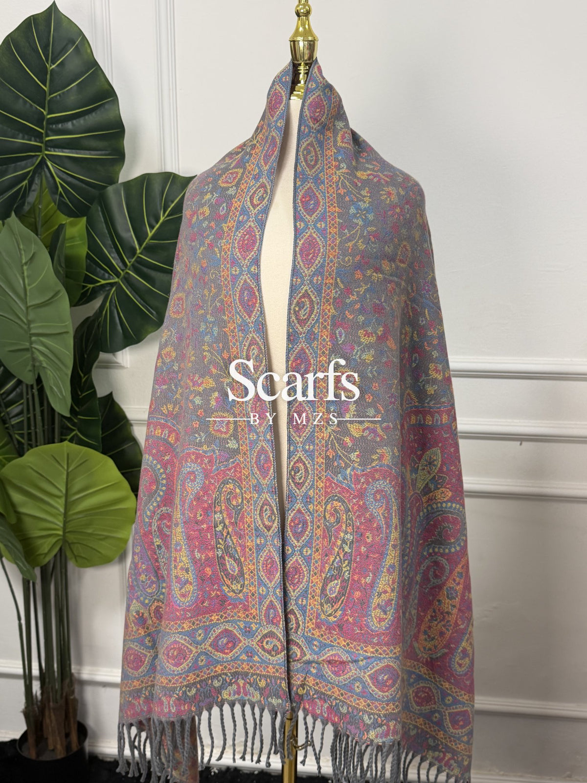 Grey Multicolour Paisley Cashmere Wrap — Scarfs by MZS