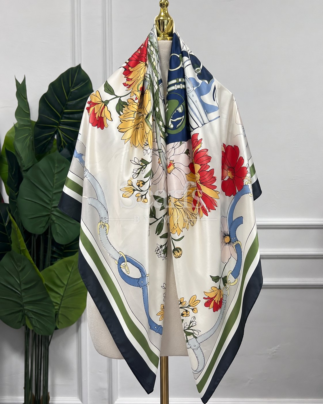 Ivory Hibiscus Ribbon Scarf, 130cm — Scarfs by MZS