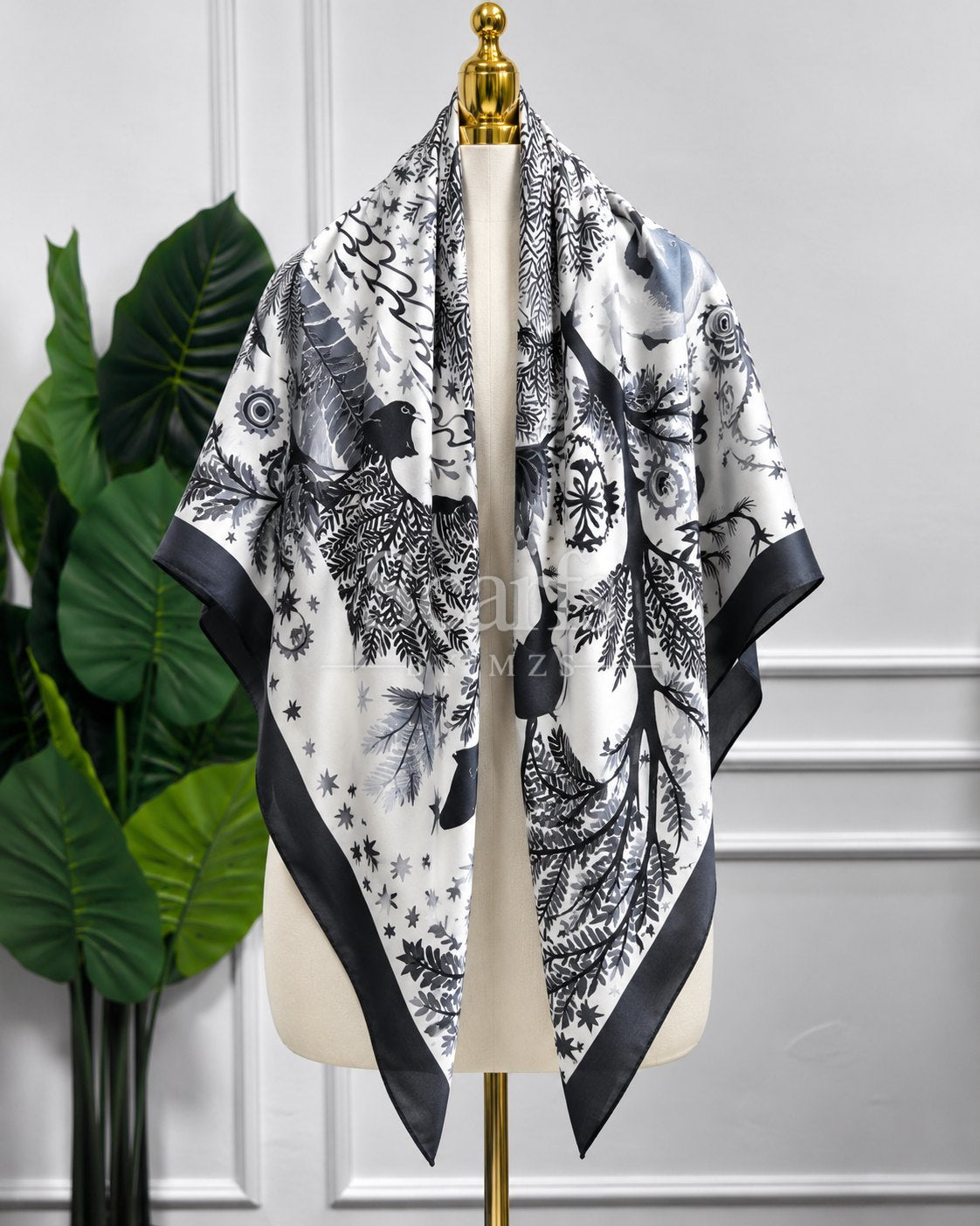 Monochrome Botanical Toile Scarf, 130cm — Scarfs by MZS