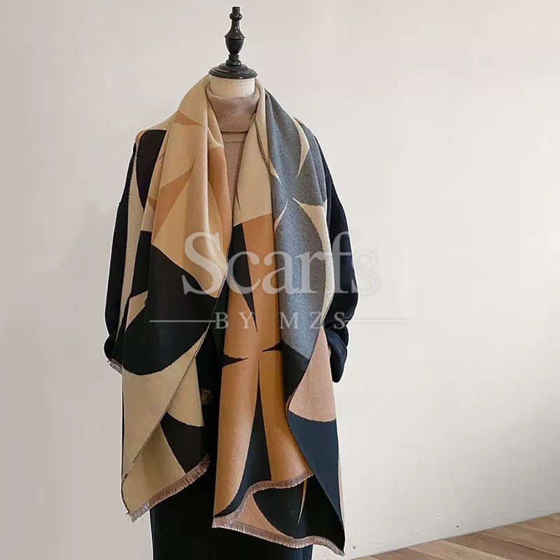Navy Petal Geometric Cashmere Wrap — Scarfs by MZS
