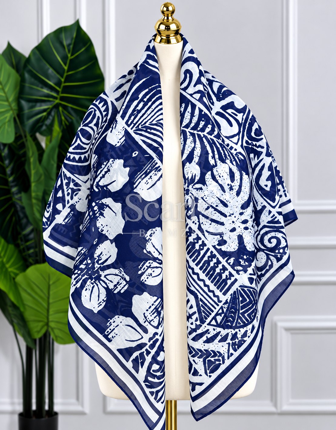 Navy Tropical Botanical Scarf, 130cm — Scarfs by MZS