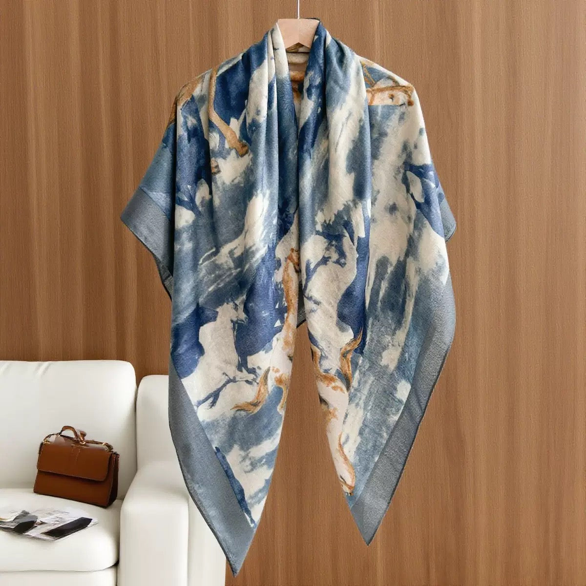 Blue Watercolor Print Wrap Scarf