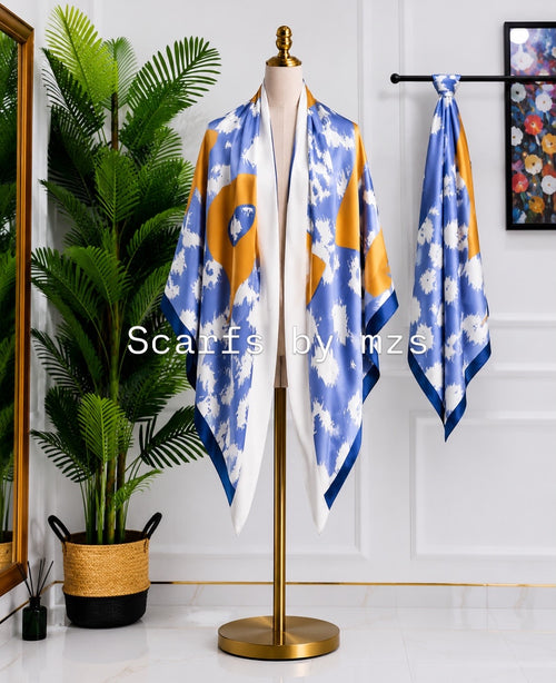 Blue Orange Print Shawl Scarf