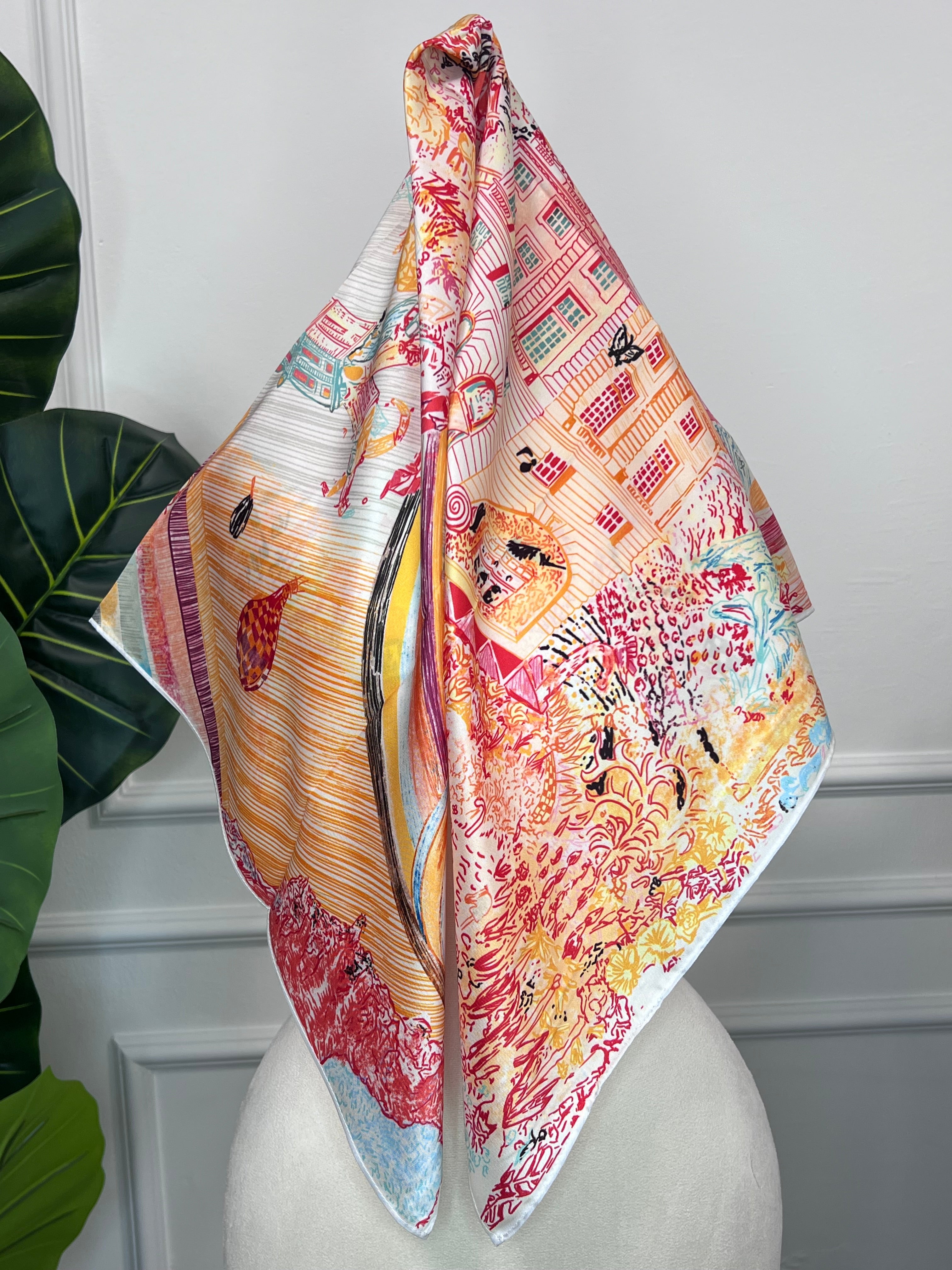 Orange Scenic Print Silk Scarf