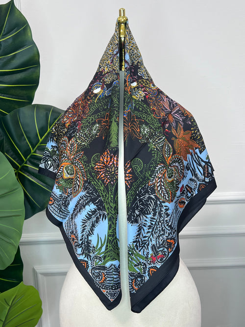 Blue Botanical Print Square Scarf