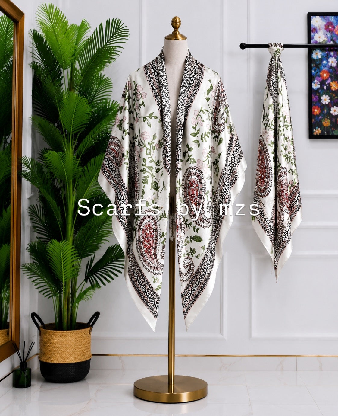 Ivory Floral Print Shawl Scarf