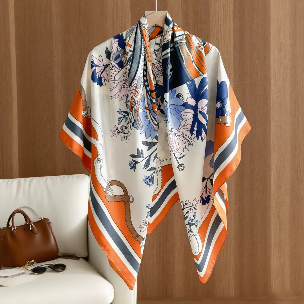 Orange Striped Floral Wrap Scarf