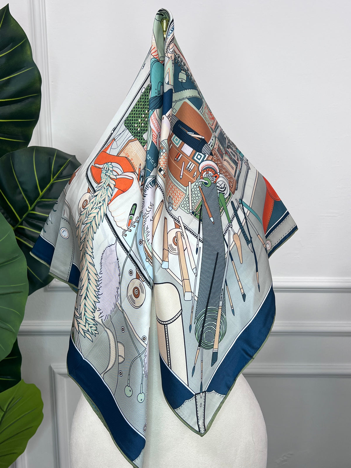 Navy Vintage Print Silk Scarf