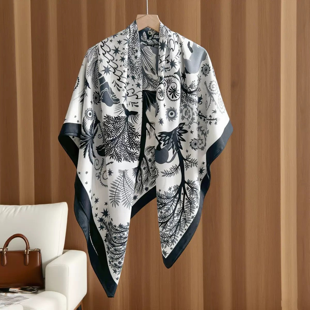 Grey Botanical Print Wrap Scarf