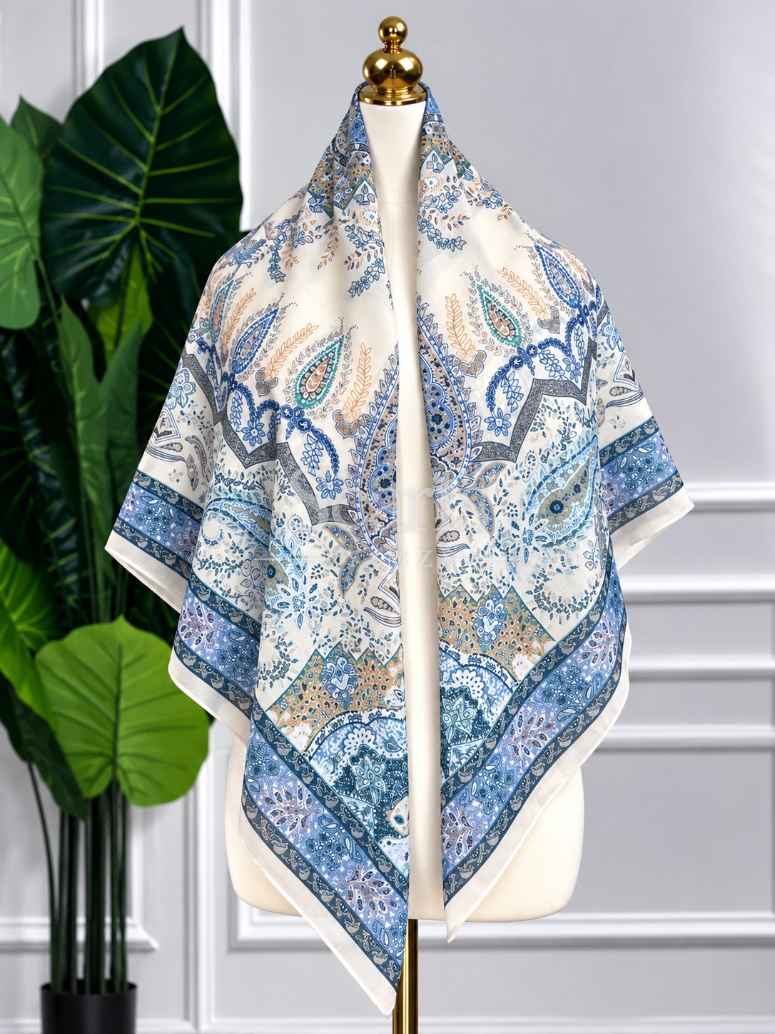 Powder Blue Paisley Medallion Scarf, 130cm — Scarfs by MZS