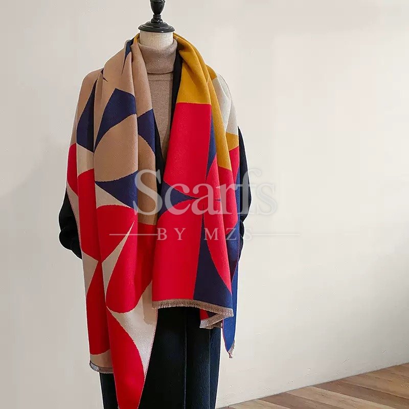 Red & Navy Geometric Cashmere Wrap — Scarfs by MZS