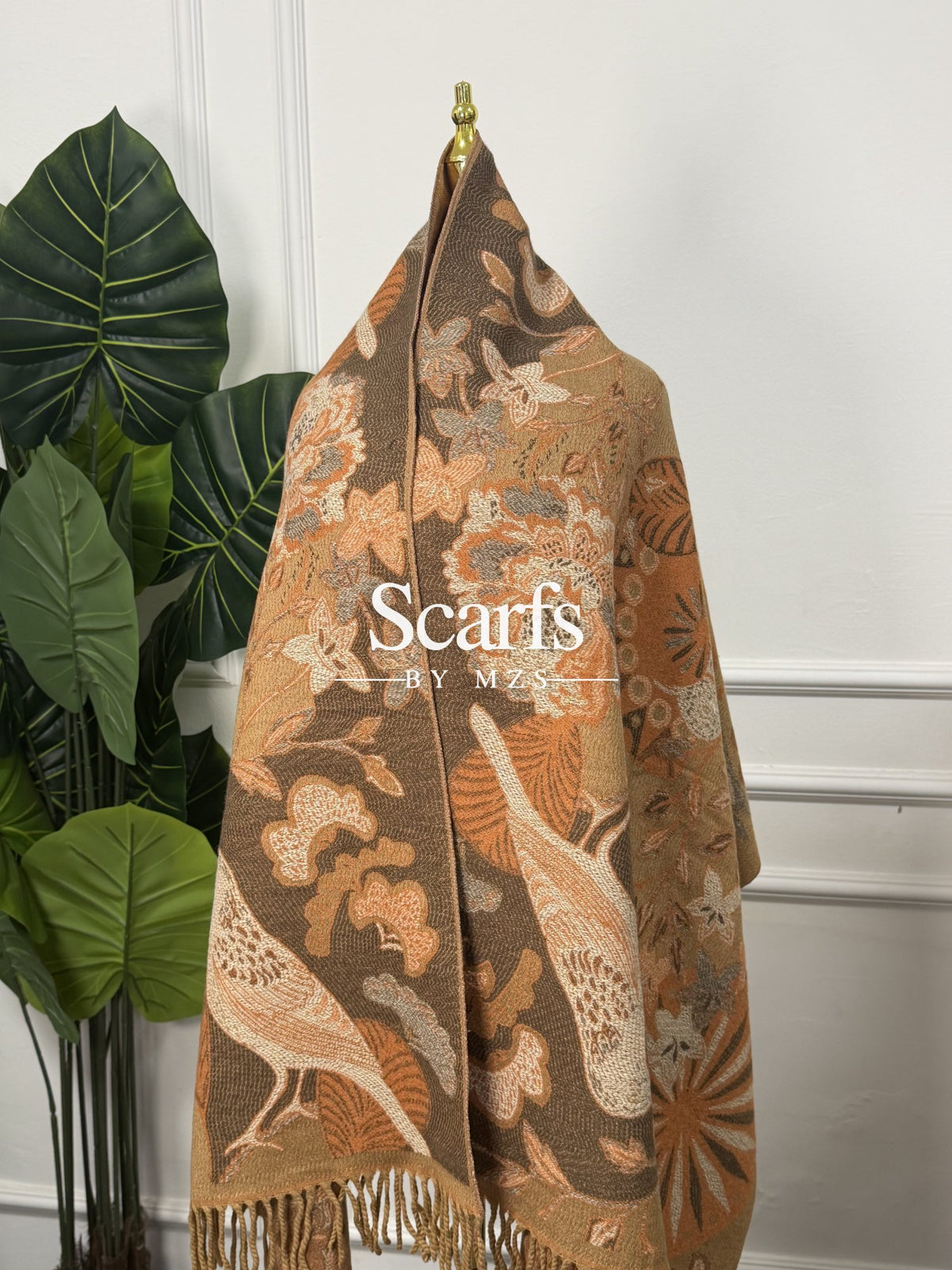 Tan Peony & Heron Cashmere Wrap — Scarfs by MZS