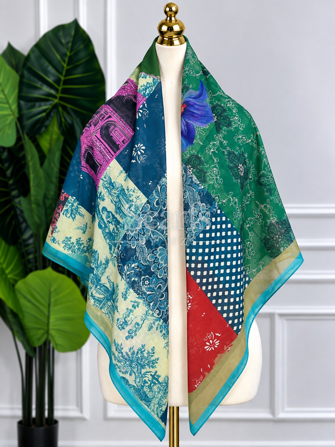 Teal Patchwork Floral Scarf, 130cm — Scarfs by MZS